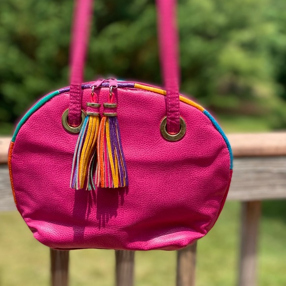 80s Pink Leather Shoulder Bag Handbag Retro with tassels on zipper - Picture 12 of 14